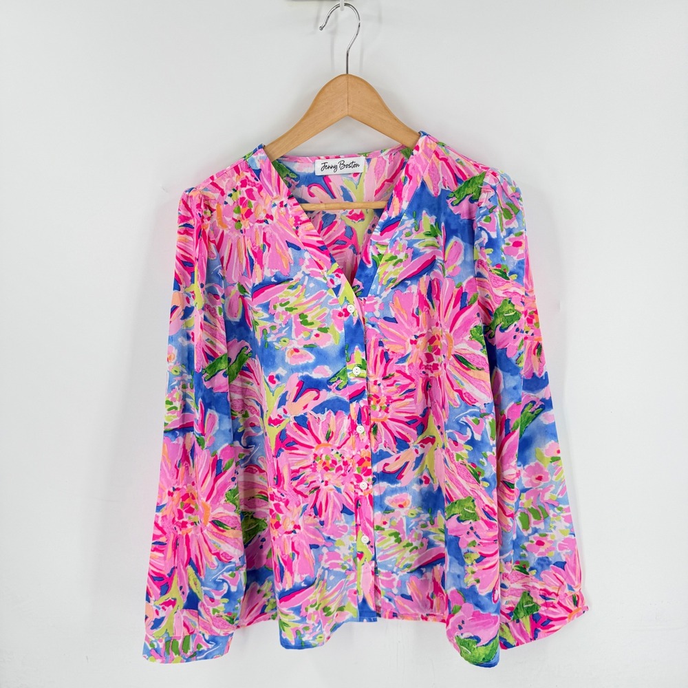 Jenny Boston Floral Button Down Blouse Pink XL Tropical Summer Preppy